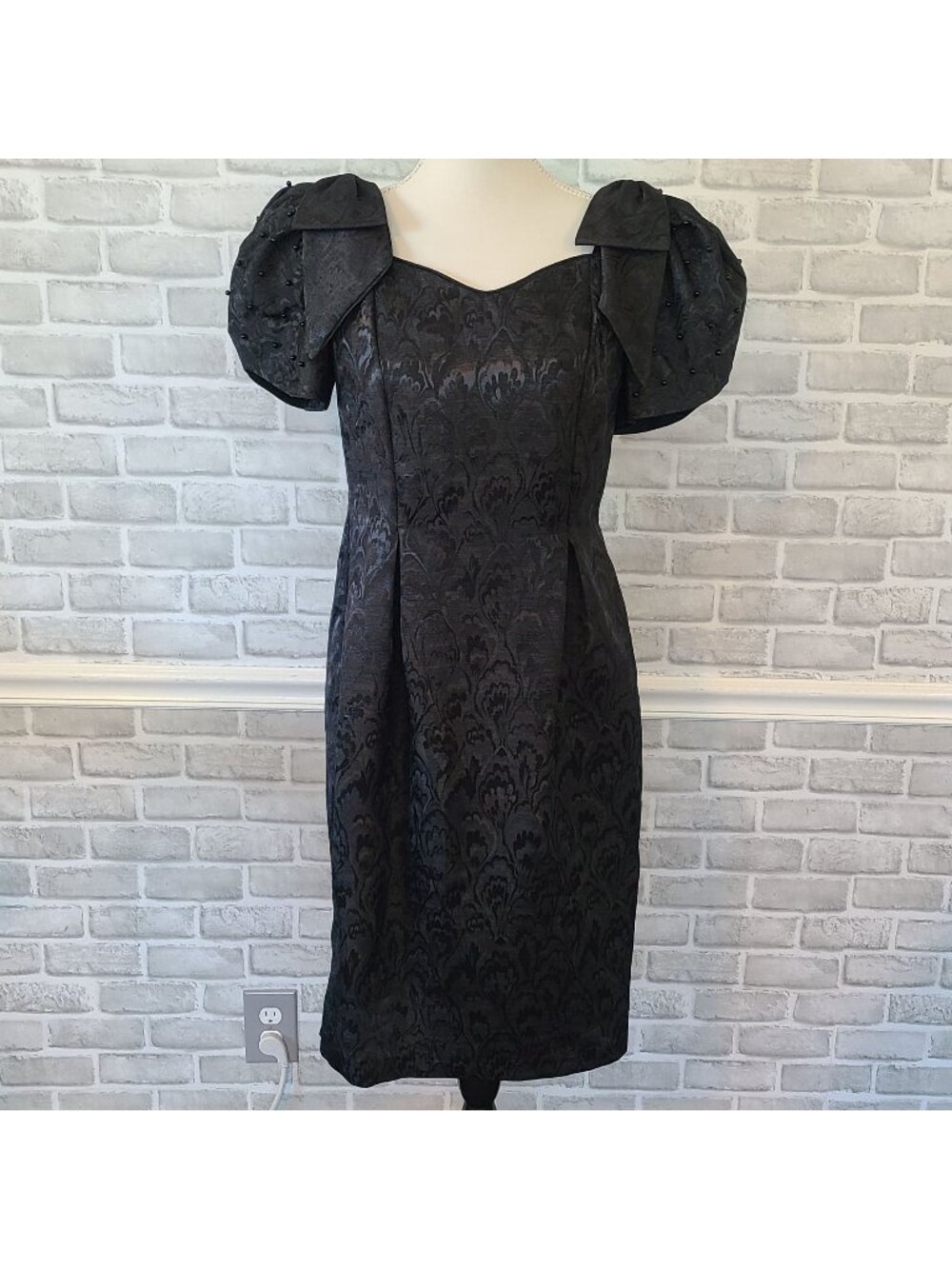 Vintage 80s Black Brocade Puff Sleeve Bows Dress Prom Goth Dance 8 In the Mood
